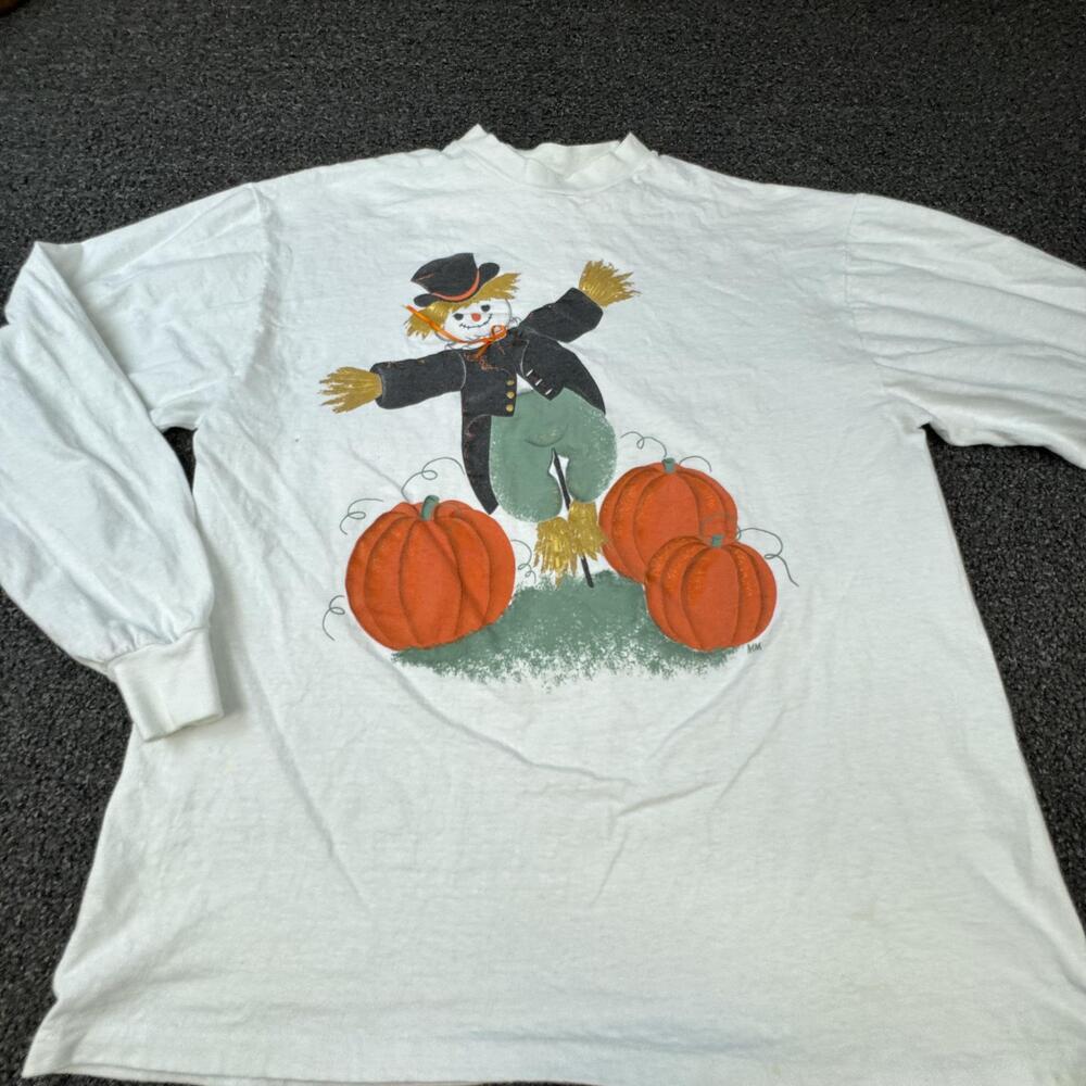 Vtg Halloween Sweatshirt Womens L White Scarecrow Pumpkin Glitter Graphic Fall